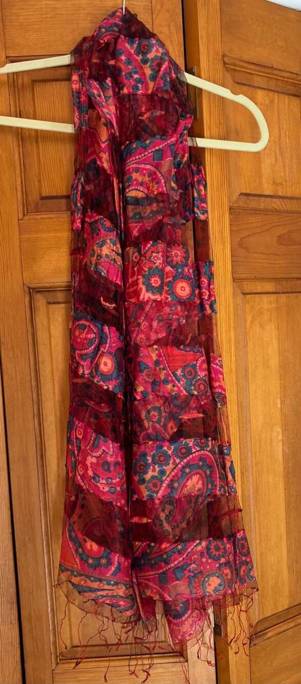 Vintage Boho Paisley Silk Scarf Pink Red Tassel Art To Wear